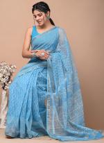 Cotton Sky Blue  Digital Printed Saree